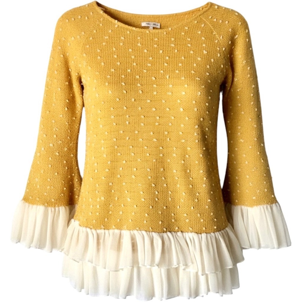 Spool No 72 Drop Waist Swiss Dot Wool Chiffon Ruffle Sweater Womens M Mustard